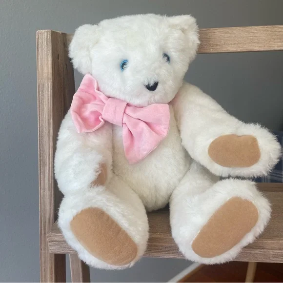 Cute Fluffy White Jointed Plush Bear with Pink Velvet Bow - Picture 4 of 13